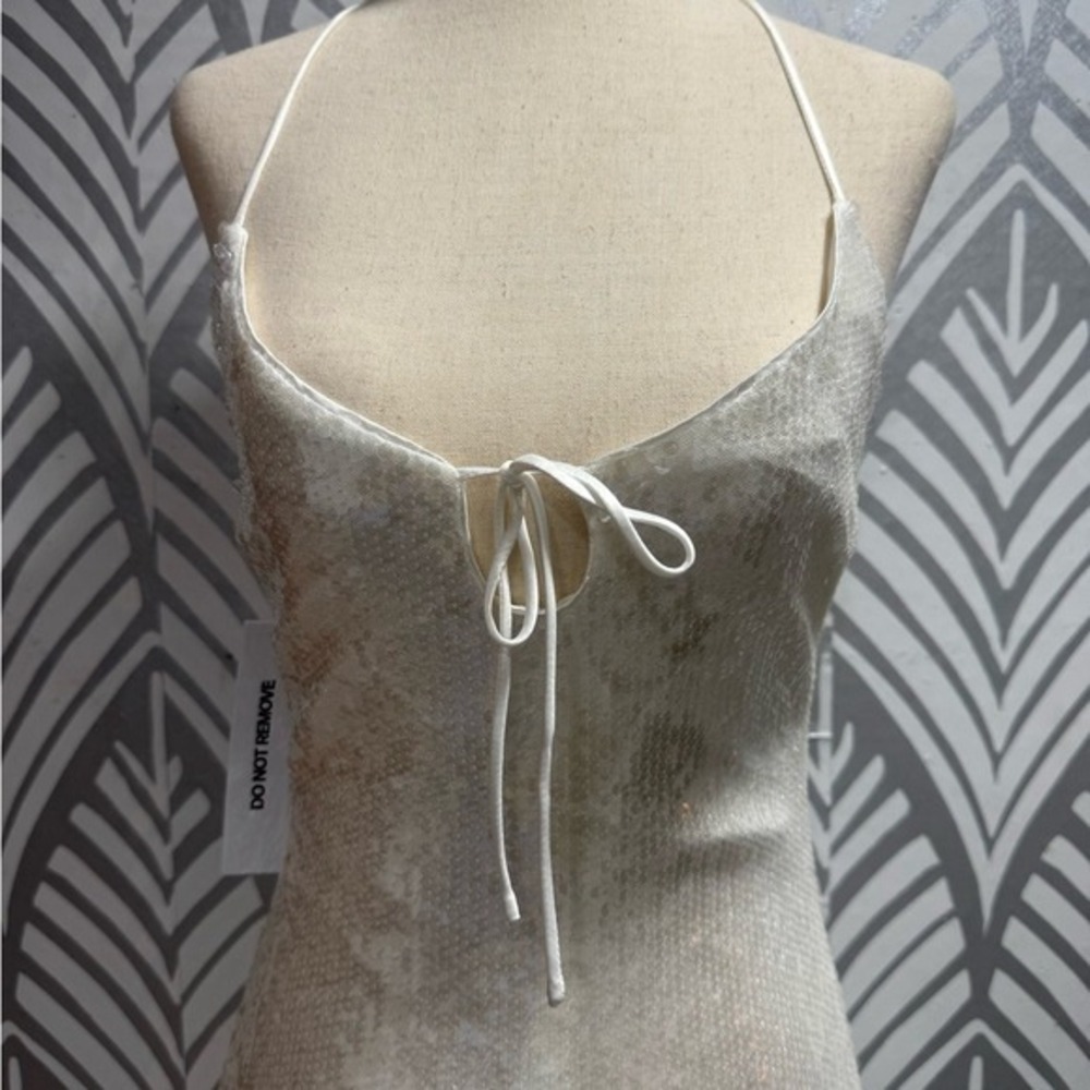Princess Polly White Sequin Halter Mini Dress Open Back Front Tie US 4 - Picture 4 of 8
